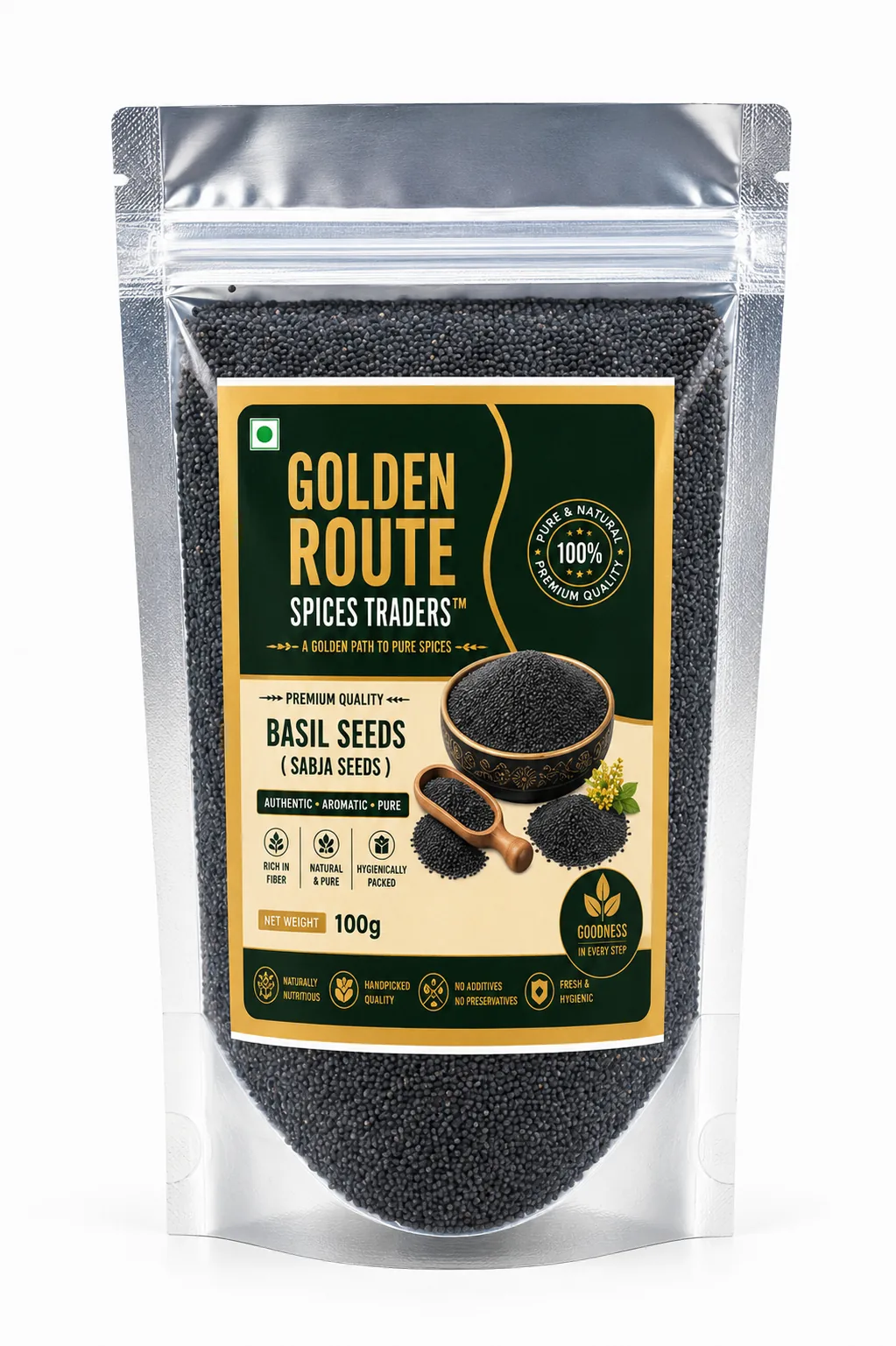 Whole Basil Seeds (Sabja Seeds) 100g retail pack by Golden Route Spices Traders