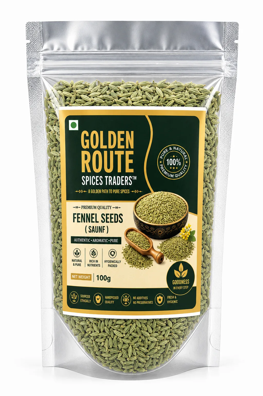 Whole Fennel Seeds 100g retail pack by Golden Route Spices Traders