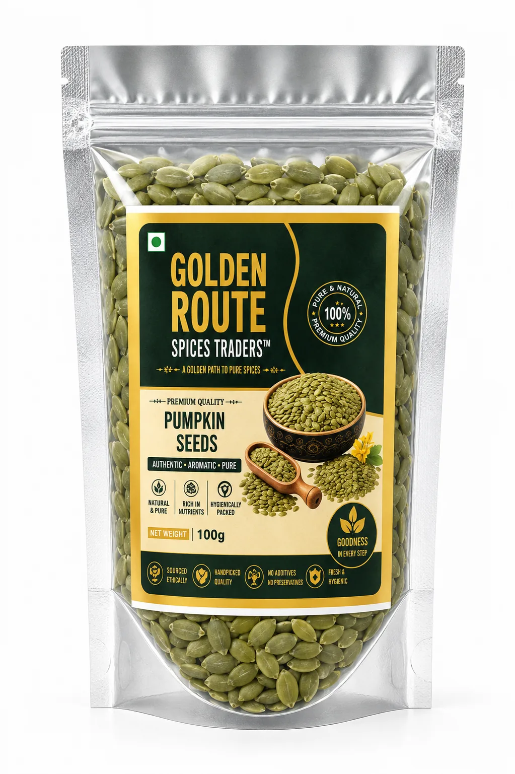 Whole Pumpkin Seeds 100g retail pack by Golden Route Spices Traders