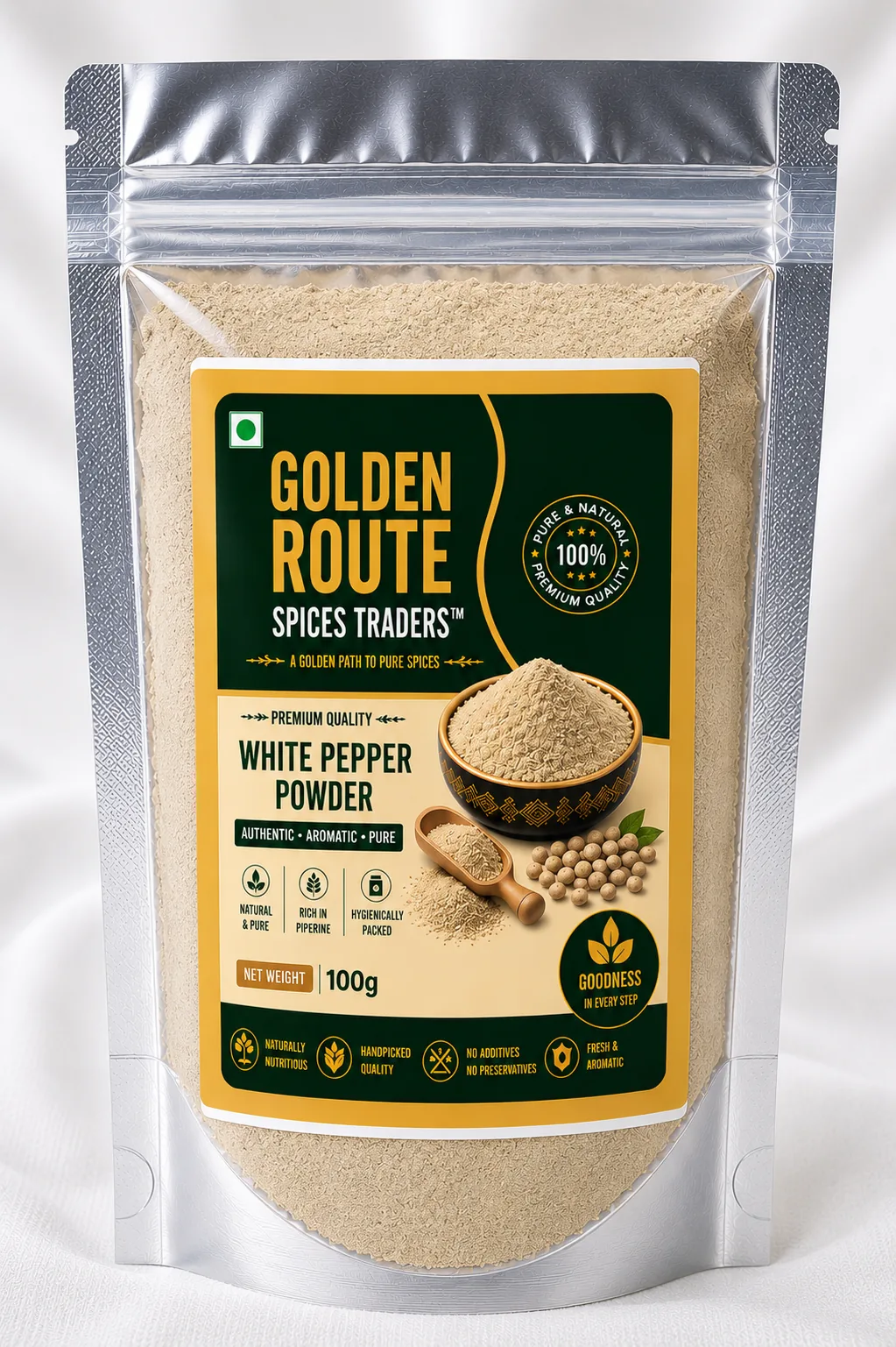 White Pepper Powder 100g retail pack by Golden Route Spices Traders